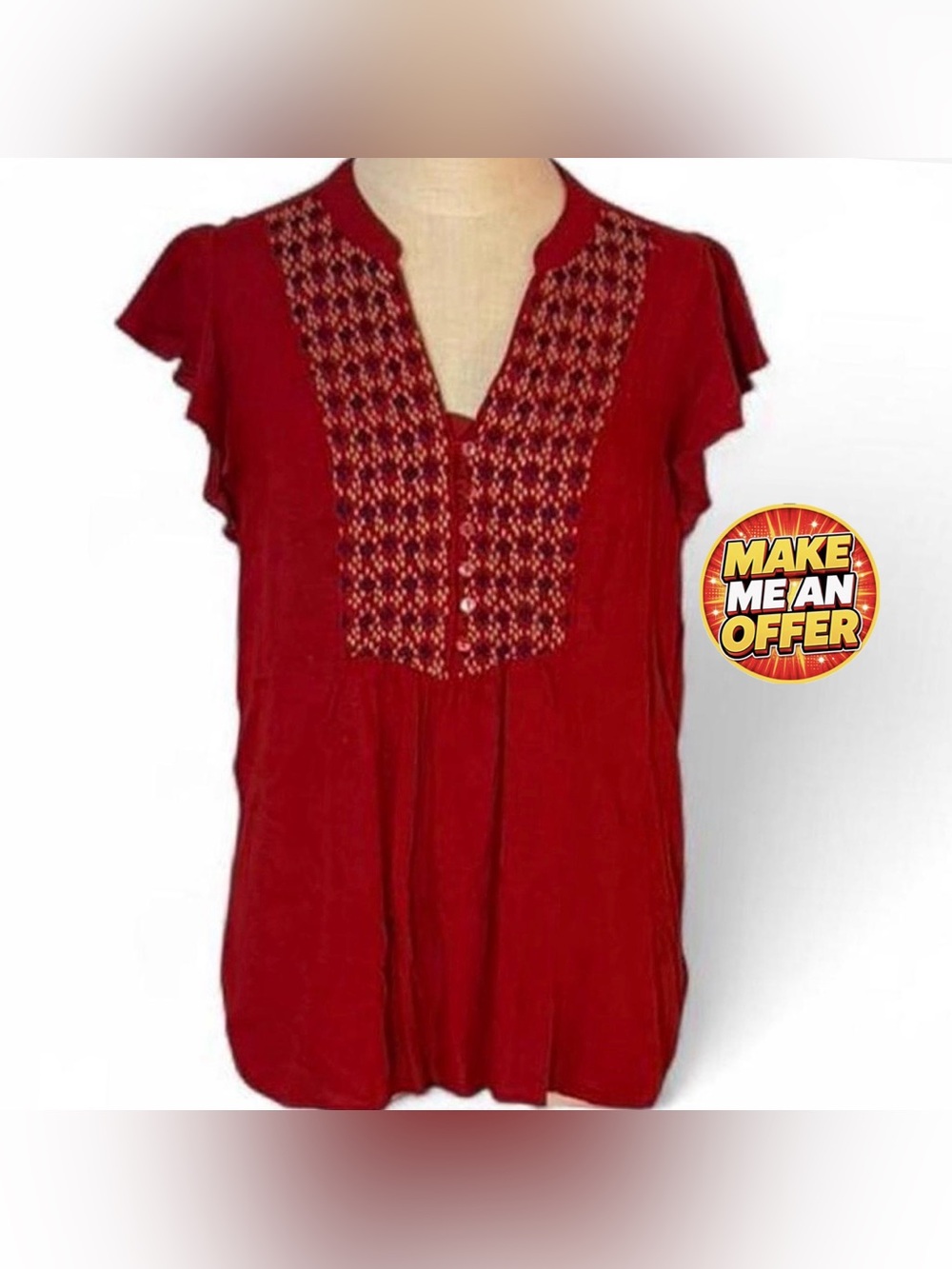St. John's Bay Red Embroidered Split-Neck Tunic - SZ L